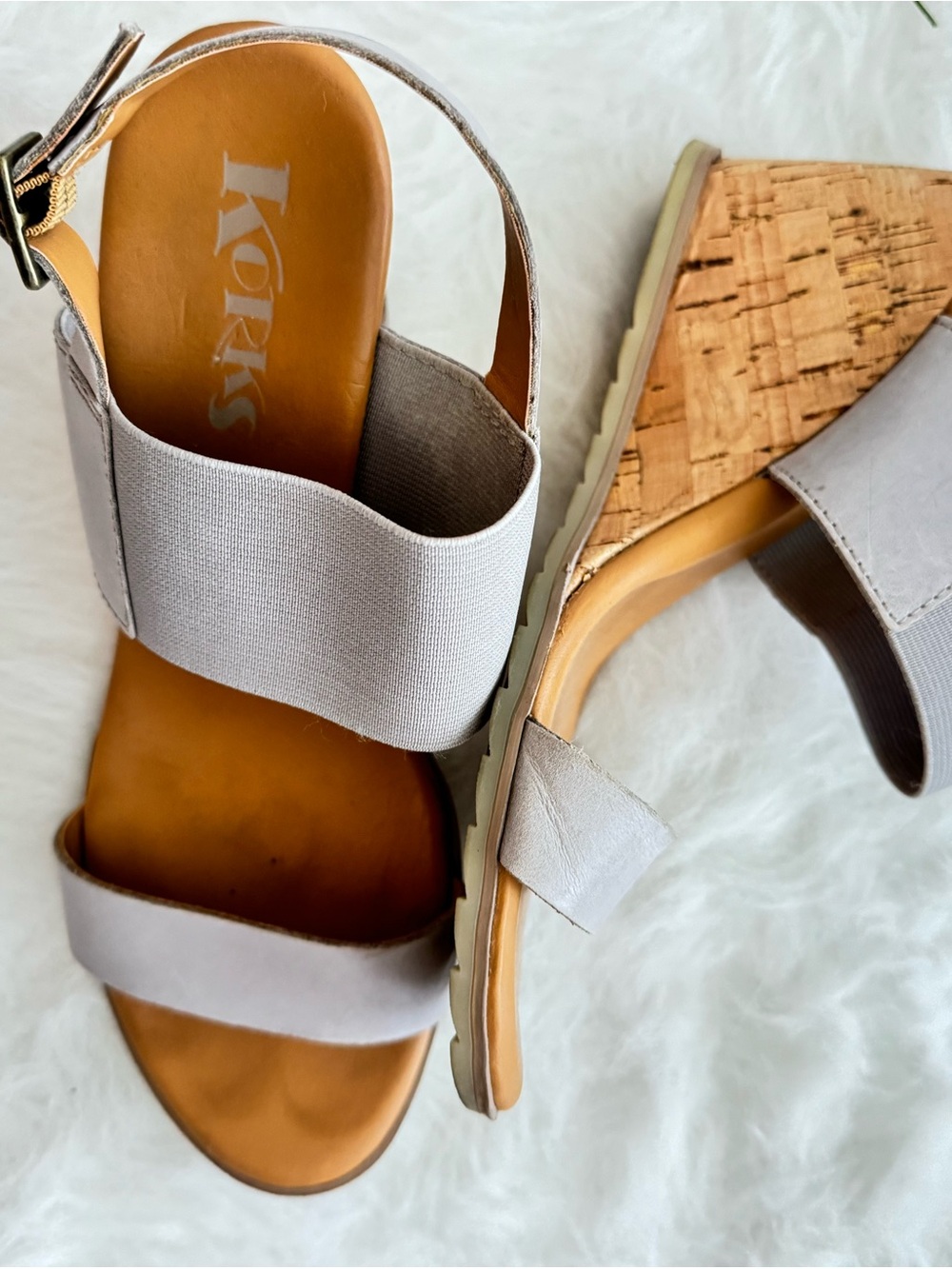Kork-Ease Women's Light Gray Elastic Strap Cork Wedge Sandals